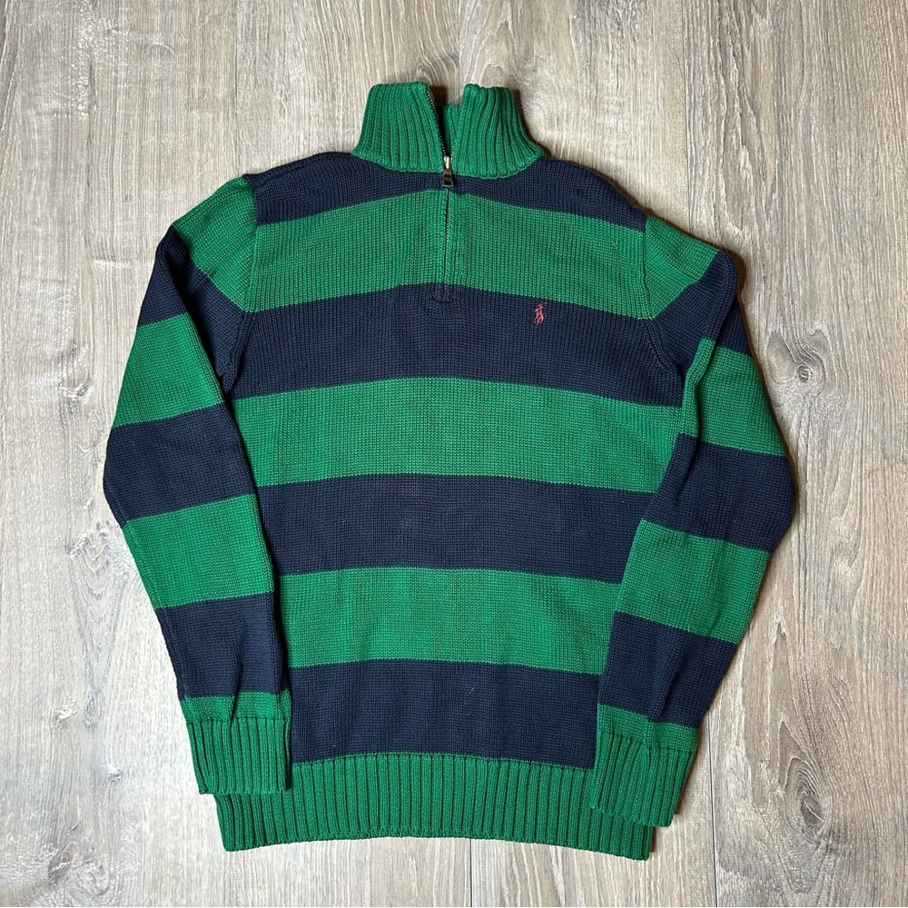 Polo Ralph Lauren XL Quarter Zip Pullover Sweater Cotton Shirt Blue Green Stripe
